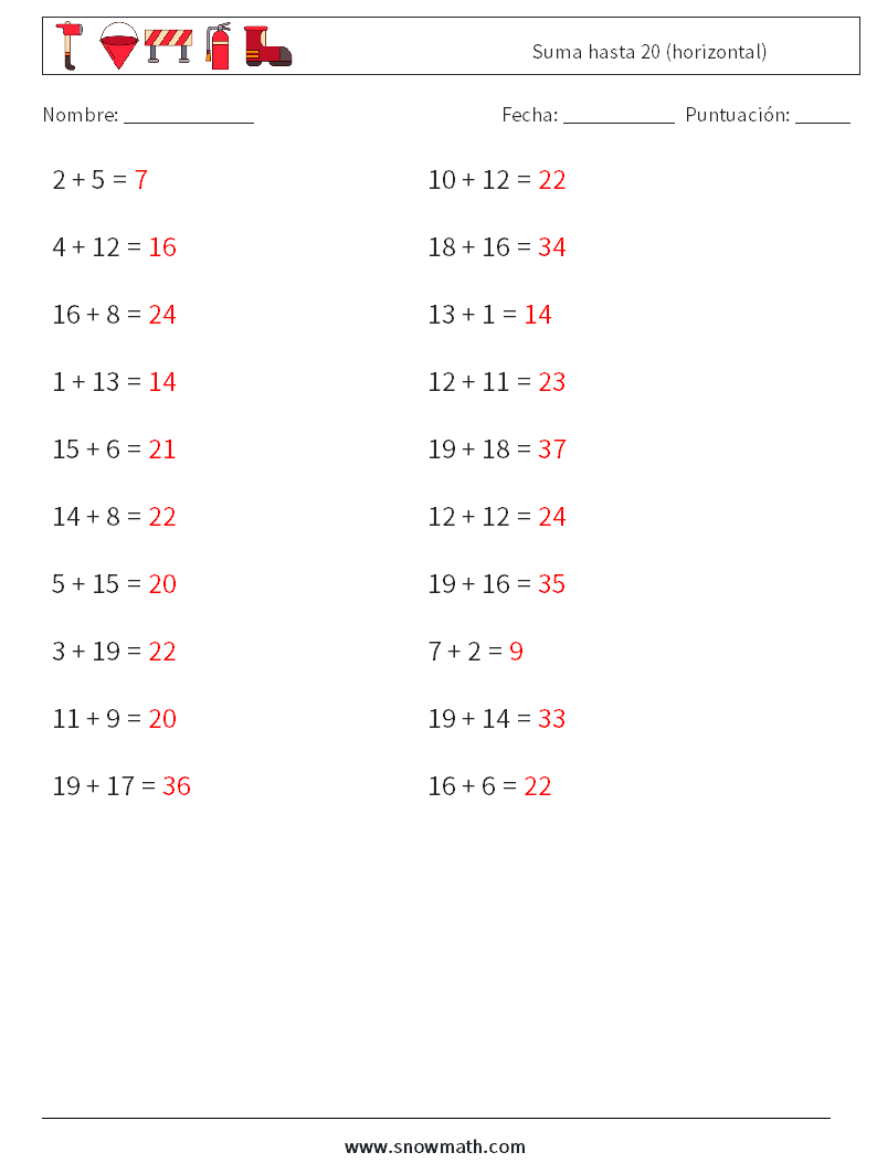 (20) Suma hasta 20 (horizontal) Hojas de trabajo de matemáticas 6 Pregunta, respuesta