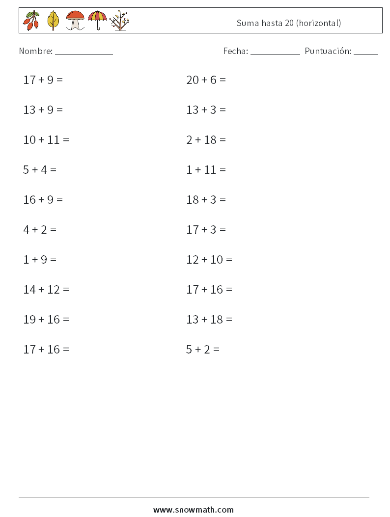 (20) Suma hasta 20 (horizontal) Hojas de trabajo de matemáticas 7