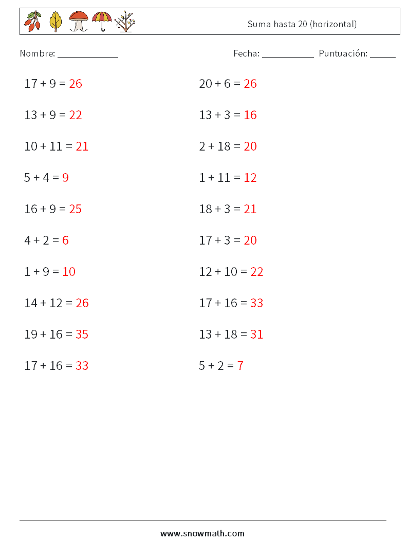 (20) Suma hasta 20 (horizontal) Hojas de trabajo de matemáticas 7 Pregunta, respuesta