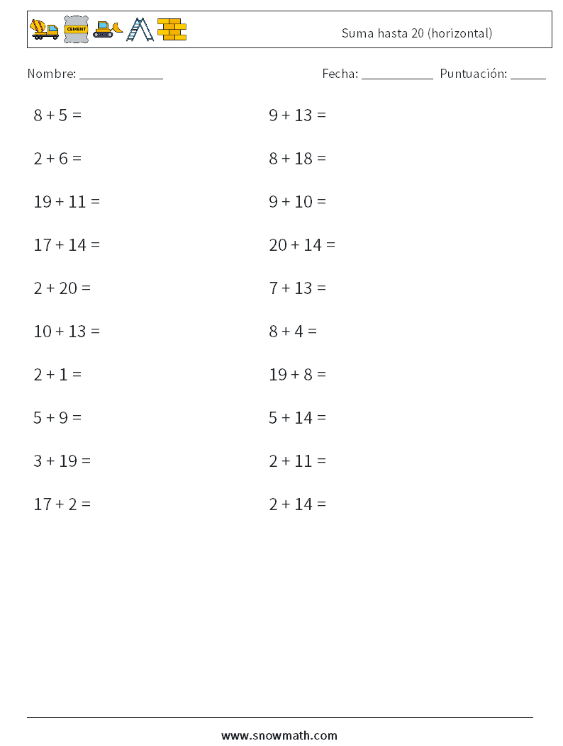 (20) Suma hasta 20 (horizontal) Hojas de trabajo de matemáticas 8