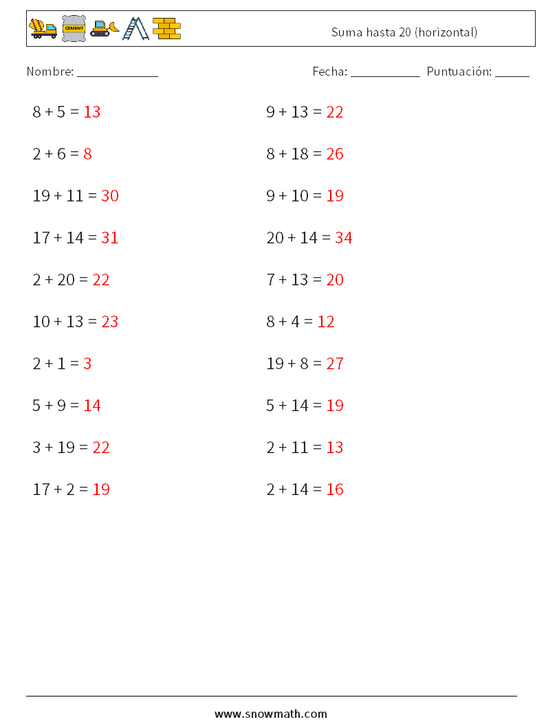 (20) Suma hasta 20 (horizontal) Hojas de trabajo de matemáticas 8 Pregunta, respuesta