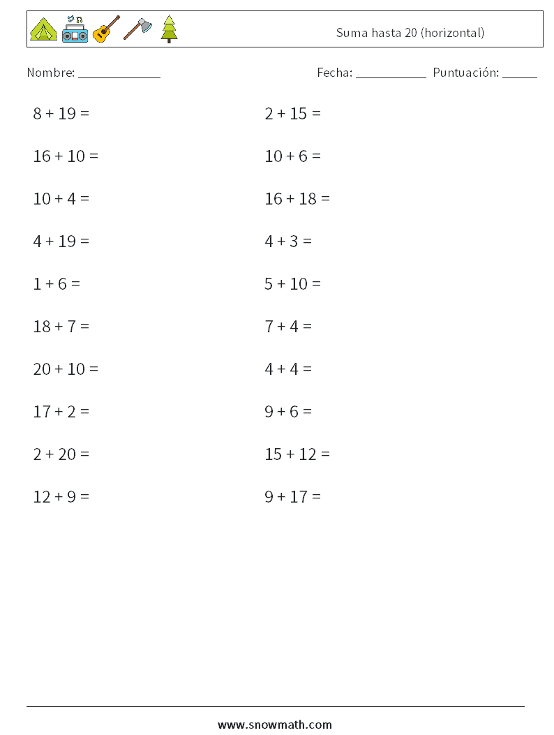 (20) Suma hasta 20 (horizontal) Hojas de trabajo de matemáticas 9