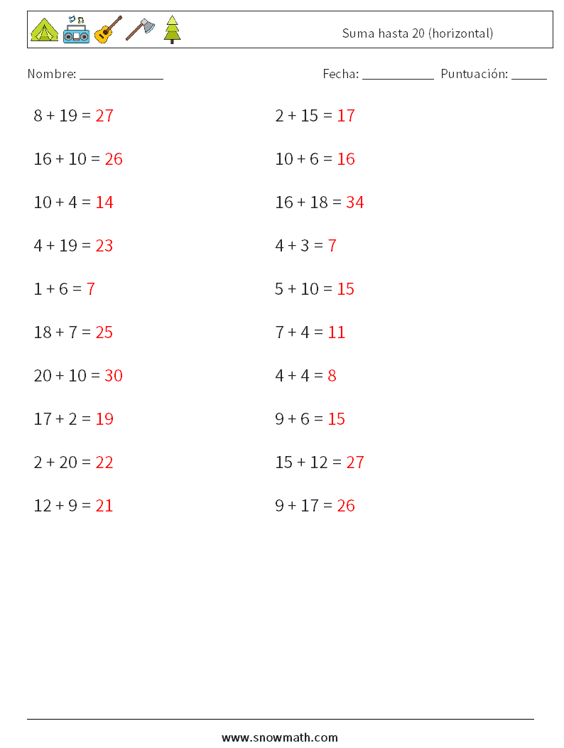 (20) Suma hasta 20 (horizontal) Hojas de trabajo de matemáticas 9 Pregunta, respuesta