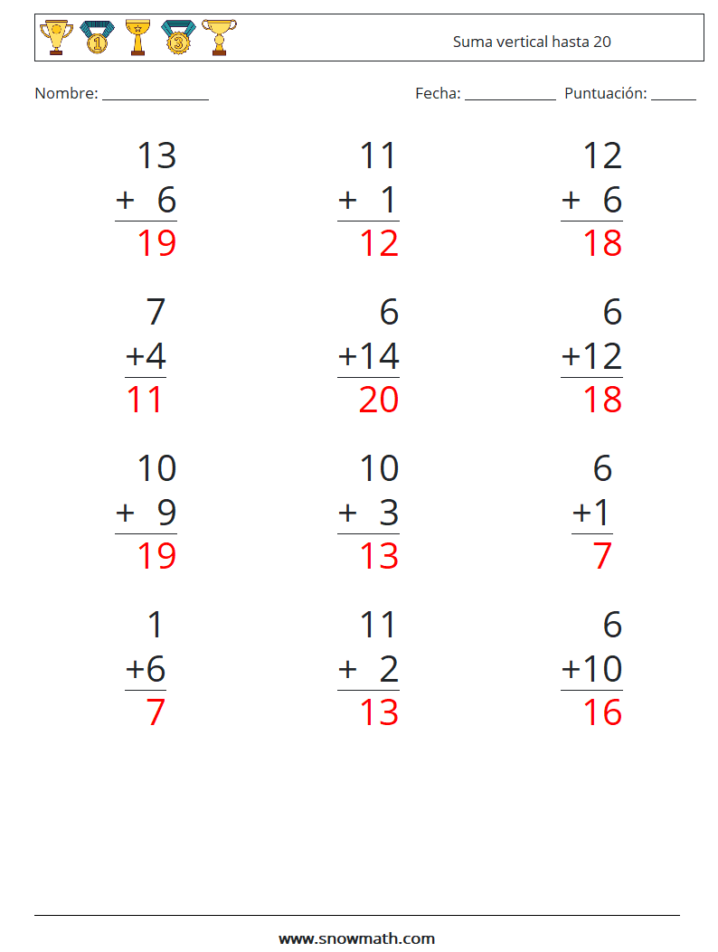 (12) Suma vertical hasta 20 Hojas de trabajo de matemáticas 18 Pregunta, respuesta