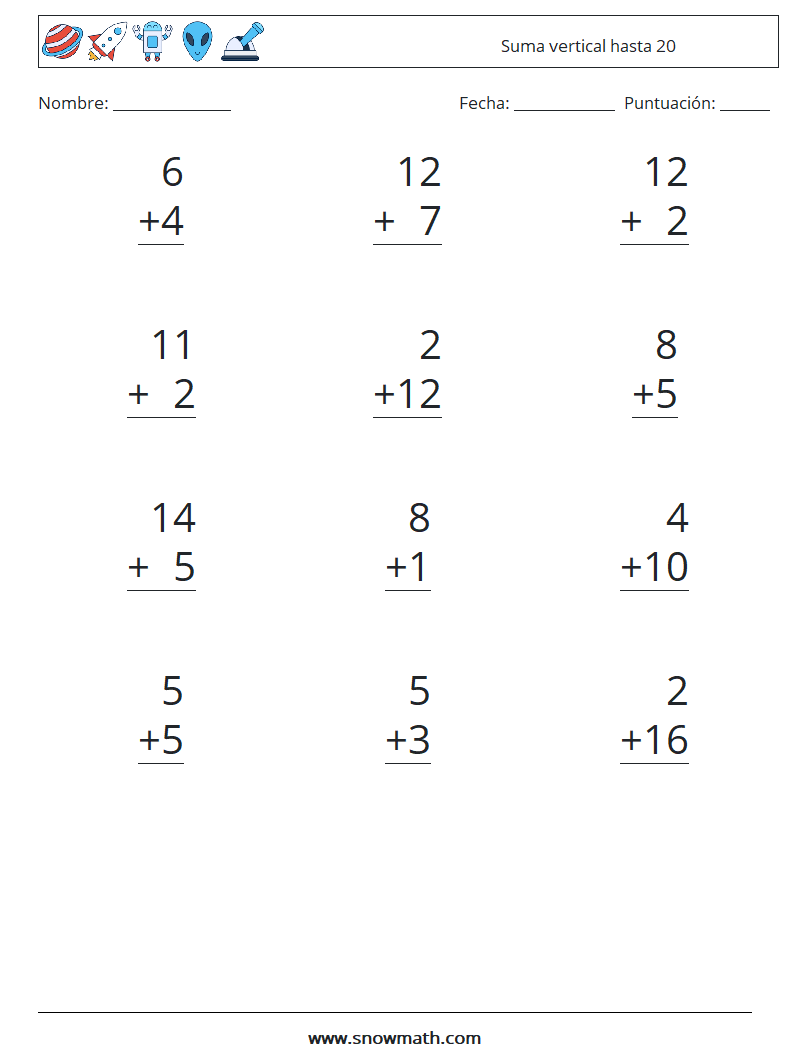 (12) Suma vertical hasta 20 Hojas de trabajo de matemáticas 2
