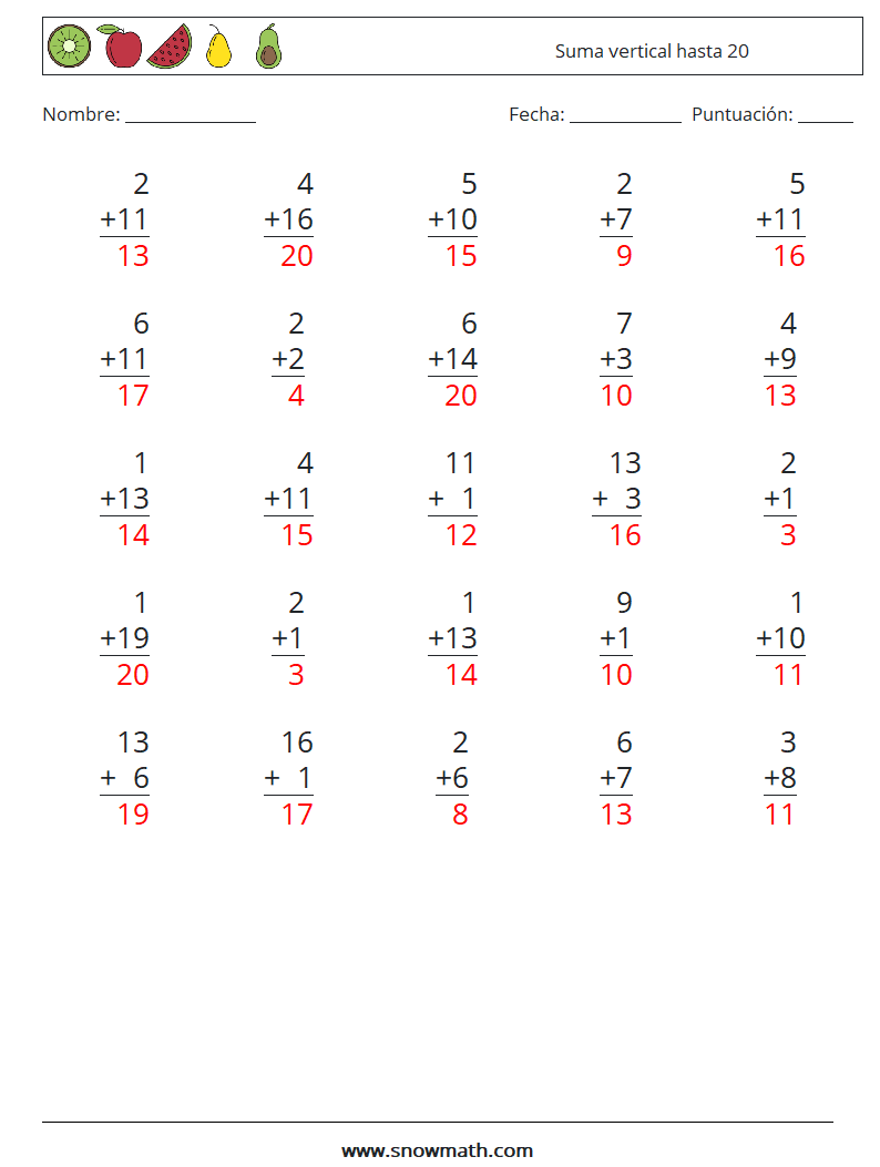 (25) Suma vertical hasta 20 Hojas de trabajo de matemáticas 10 Pregunta, respuesta