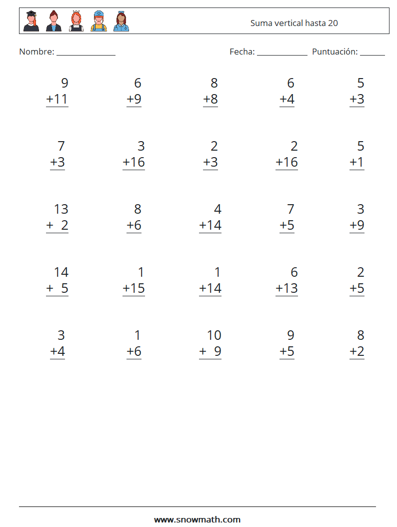 (25) Suma vertical hasta 20 Hojas de trabajo de matemáticas 11