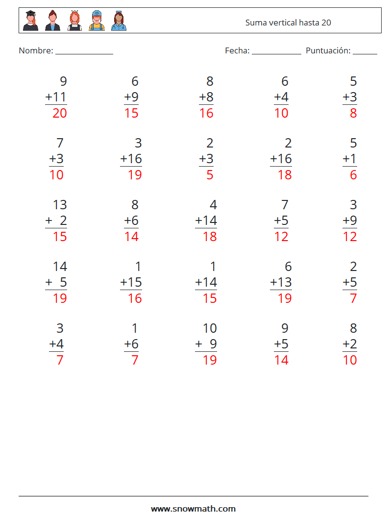 (25) Suma vertical hasta 20 Hojas de trabajo de matemáticas 11 Pregunta, respuesta