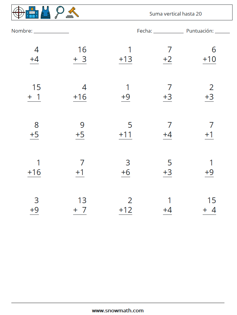 (25) Suma vertical hasta 20 Hojas de trabajo de matemáticas 13