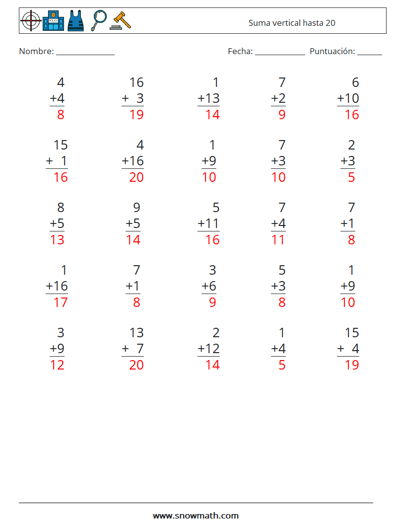 (25) Suma vertical hasta 20 Hojas de trabajo de matemáticas 13 Pregunta, respuesta