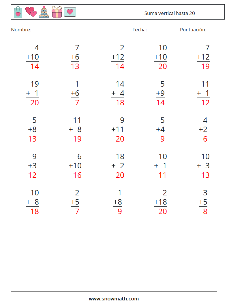 (25) Suma vertical hasta 20 Hojas de trabajo de matemáticas 15 Pregunta, respuesta
