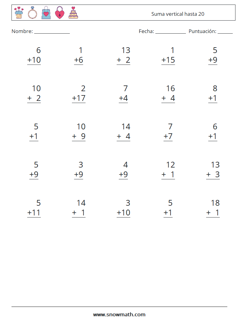 (25) Suma vertical hasta 20 Hojas de trabajo de matemáticas 16