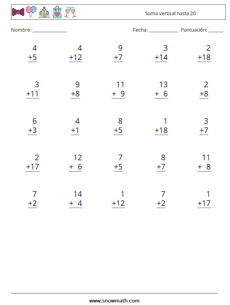 (25) Suma vertical hasta 20 Hojas de trabajo de matemáticas 17