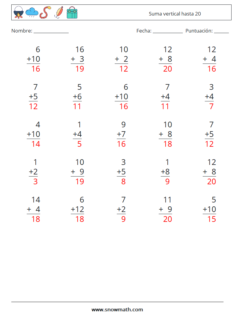(25) Suma vertical hasta 20 Hojas de trabajo de matemáticas 1 Pregunta, respuesta