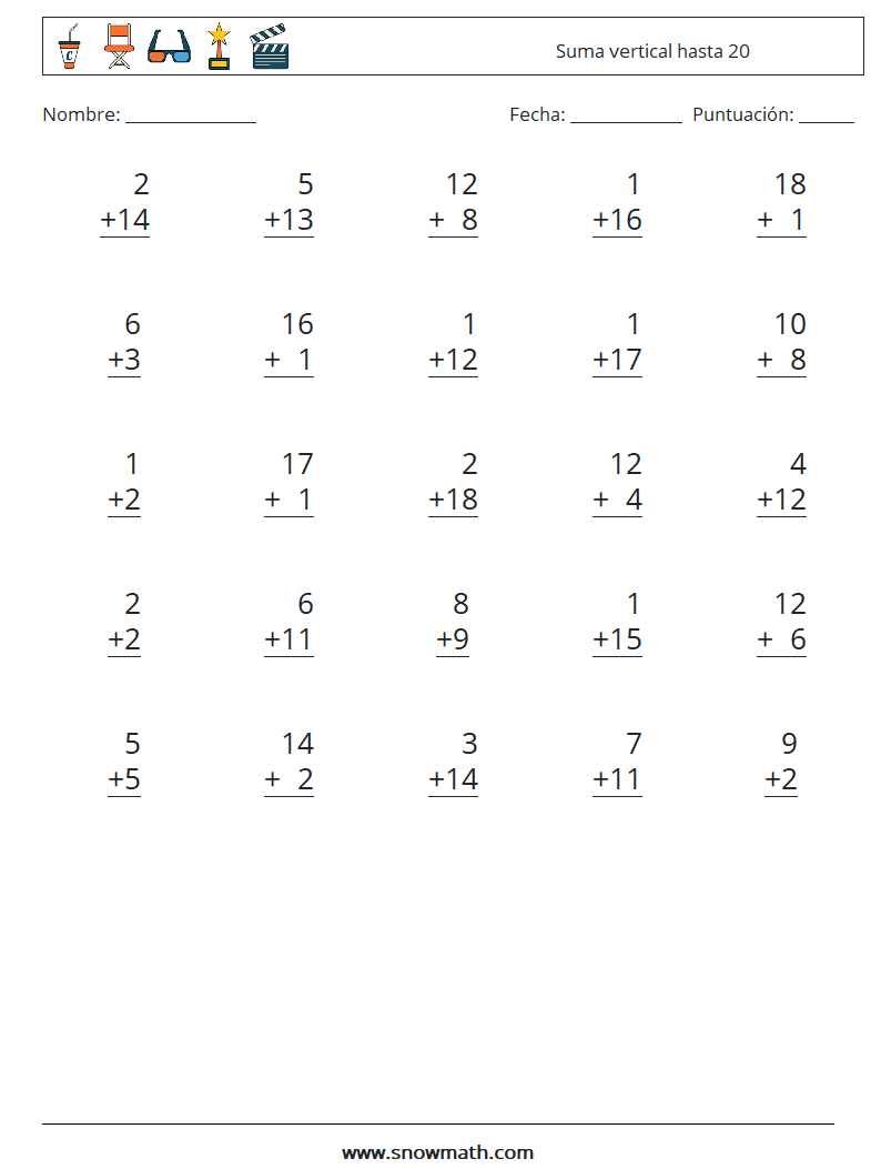 (25) Suma vertical hasta 20 Hojas de trabajo de matemáticas 2