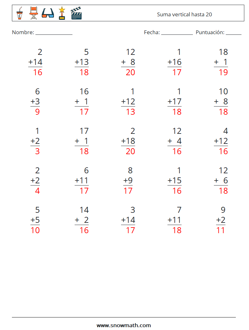 (25) Suma vertical hasta 20 Hojas de trabajo de matemáticas 2 Pregunta, respuesta