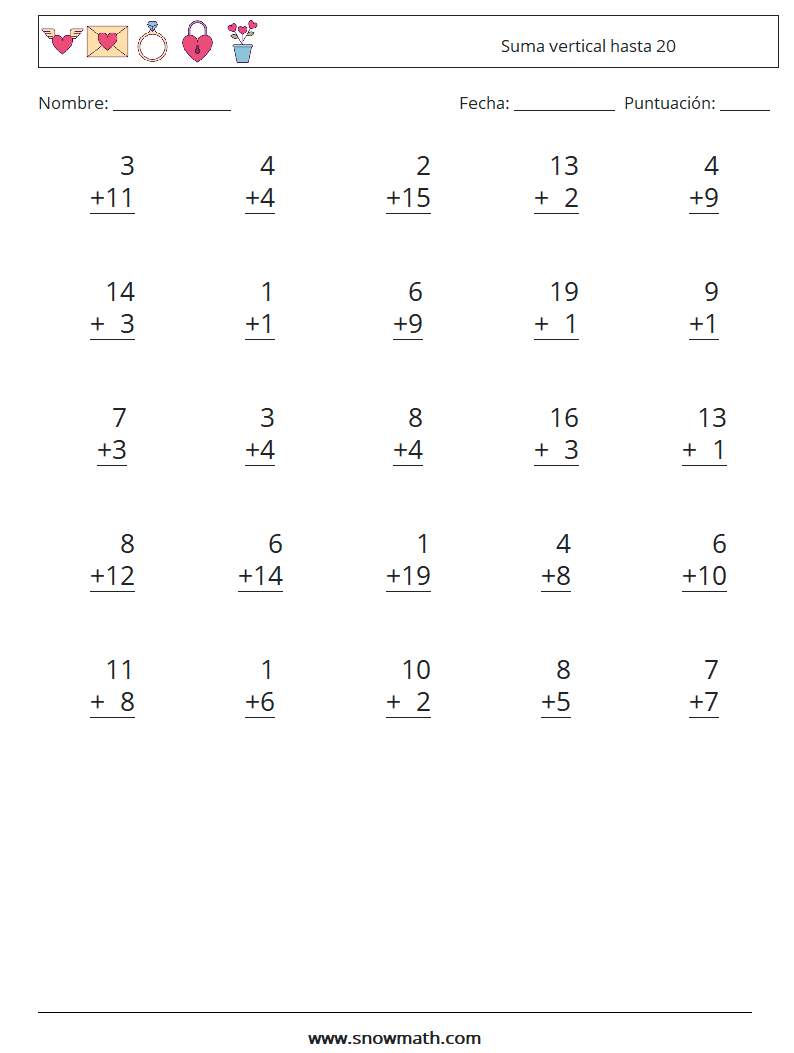 (25) Suma vertical hasta 20 Hojas de trabajo de matemáticas 3
