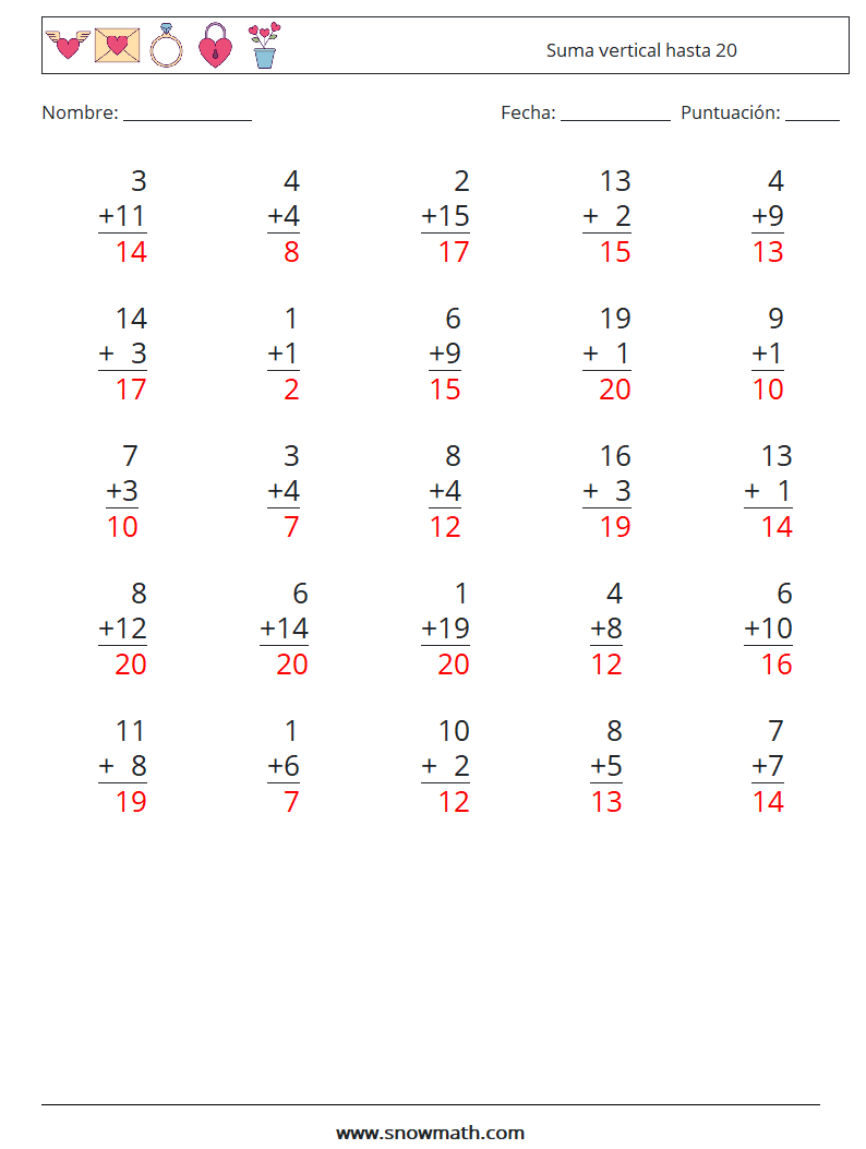 (25) Suma vertical hasta 20 Hojas de trabajo de matemáticas 3 Pregunta, respuesta