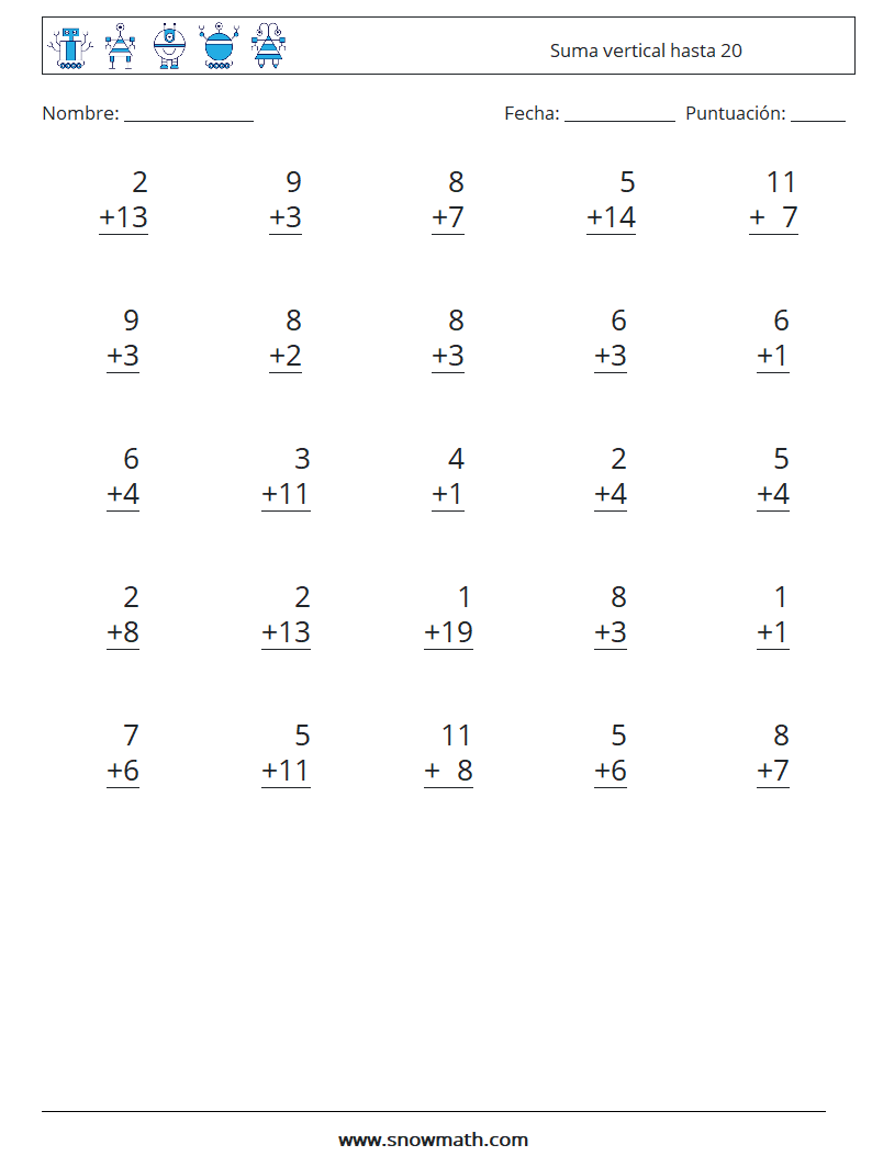 (25) Suma vertical hasta 20 Hojas de trabajo de matemáticas 4