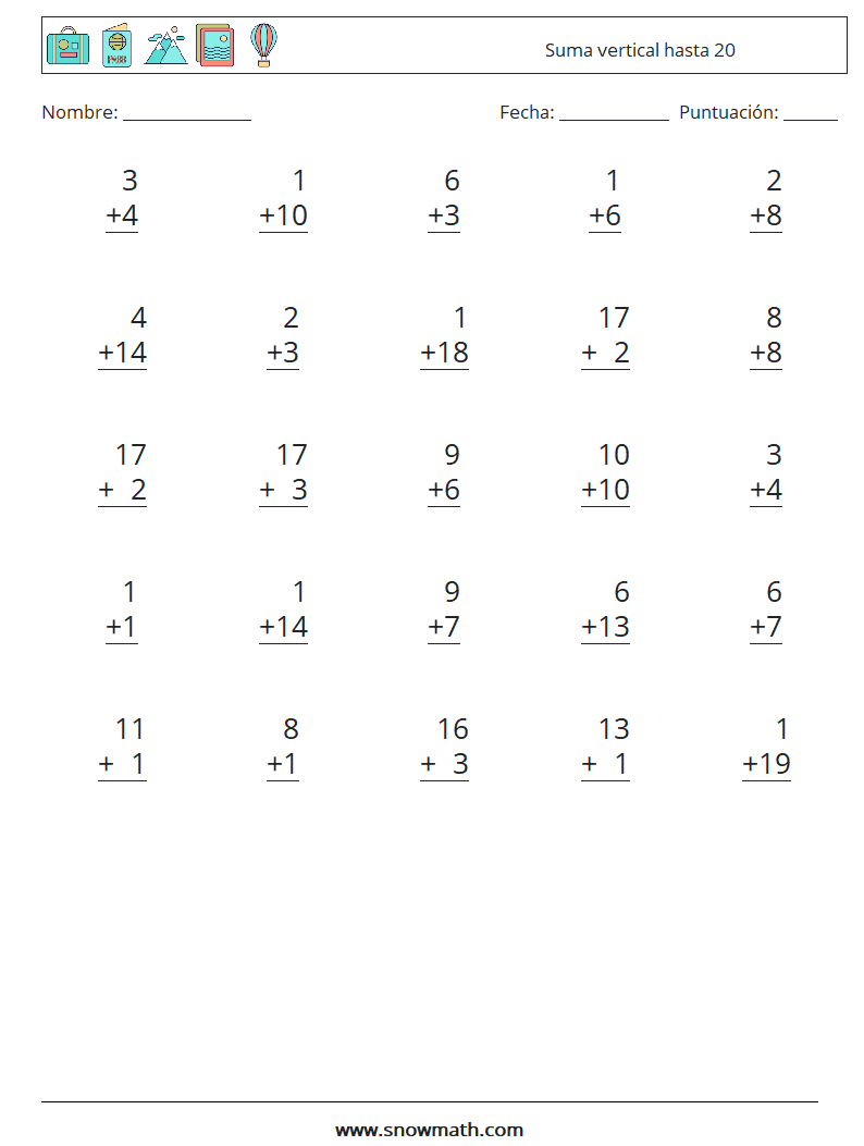 (25) Suma vertical hasta 20 Hojas de trabajo de matemáticas 5