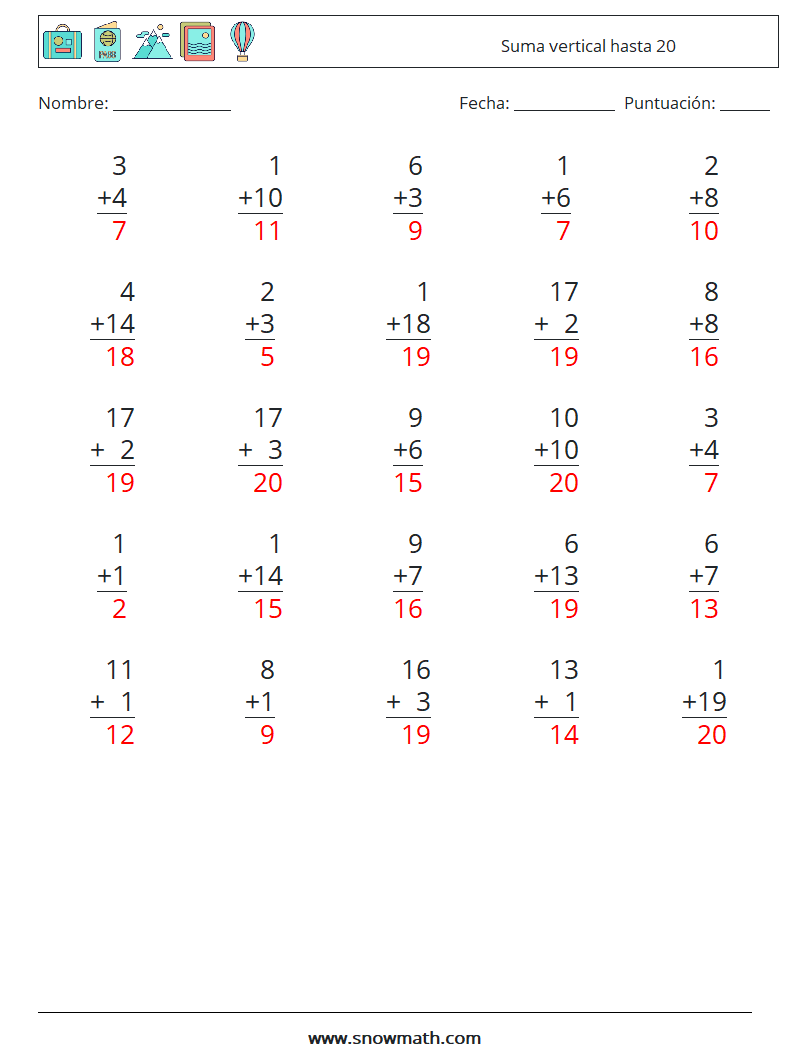 (25) Suma vertical hasta 20 Hojas de trabajo de matemáticas 5 Pregunta, respuesta