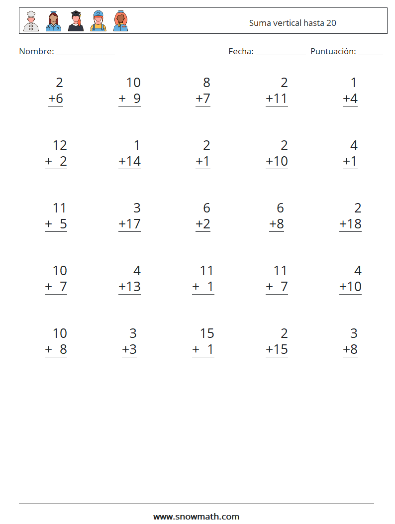 (25) Suma vertical hasta 20 Hojas de trabajo de matemáticas 6