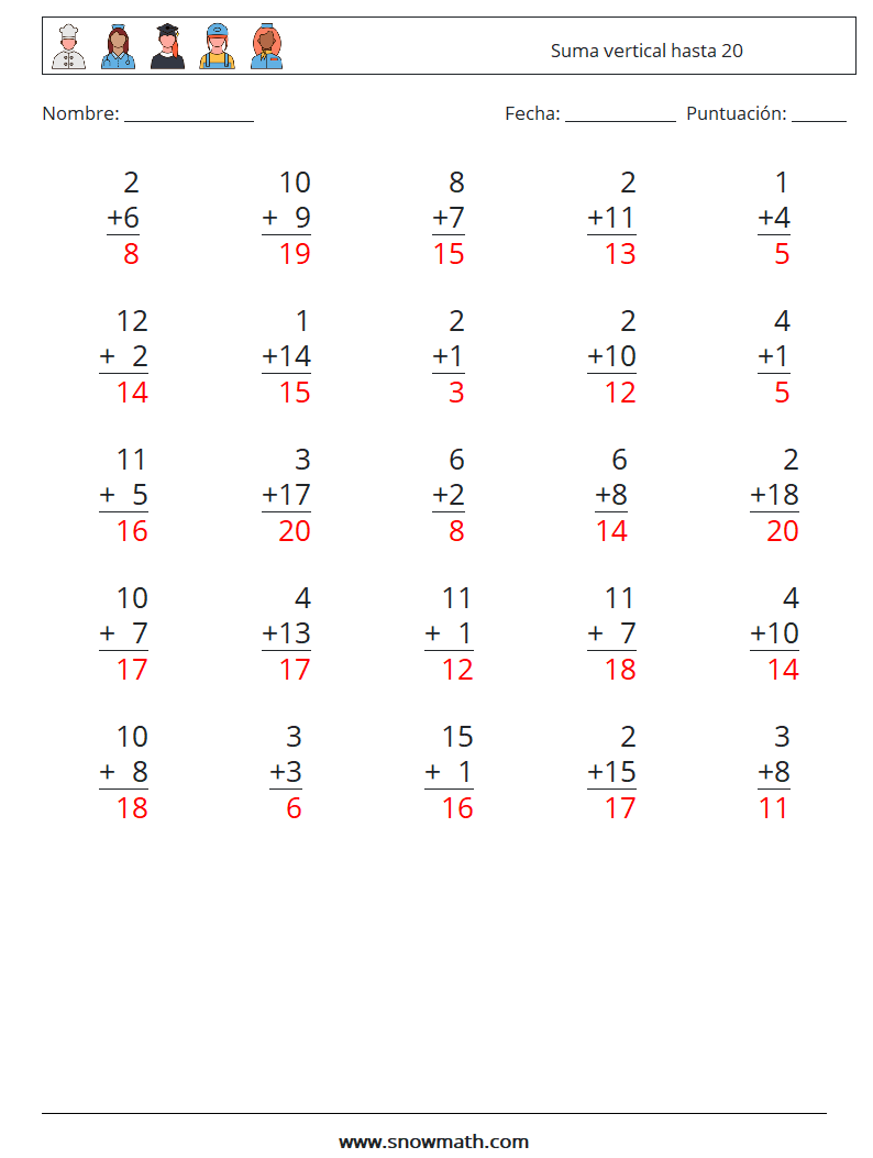 (25) Suma vertical hasta 20 Hojas de trabajo de matemáticas 6 Pregunta, respuesta
