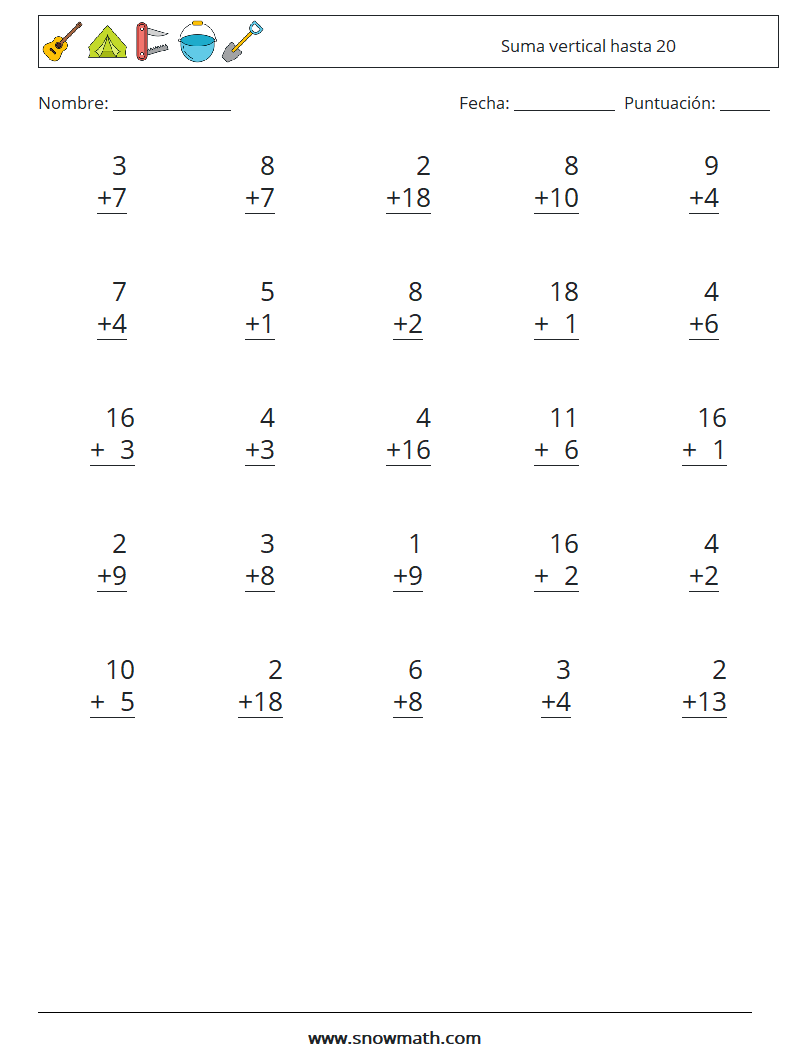 (25) Suma vertical hasta 20 Hojas de trabajo de matemáticas 7