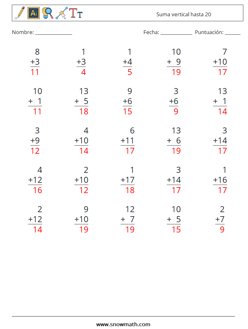 (25) Suma vertical hasta 20 Hojas de trabajo de matemáticas 8 Pregunta, respuesta