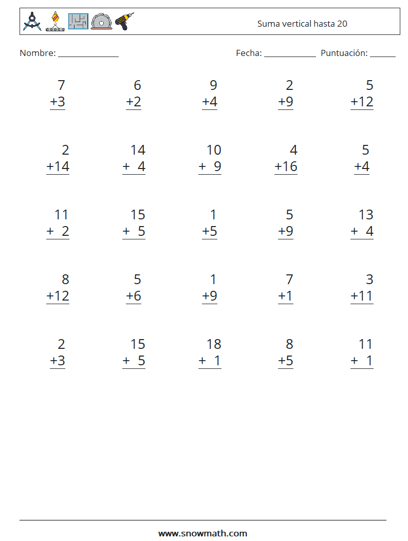 (25) Suma vertical hasta 20 Hojas de trabajo de matemáticas 9