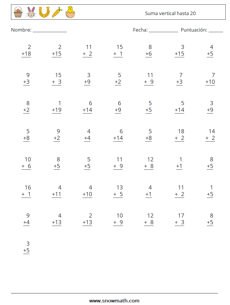 (50) Suma vertical hasta 20 Hojas de trabajo de matemáticas 10
