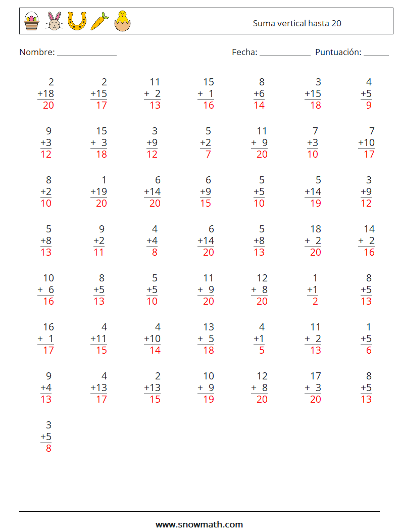 (50) Suma vertical hasta 20 Hojas de trabajo de matemáticas 10 Pregunta, respuesta