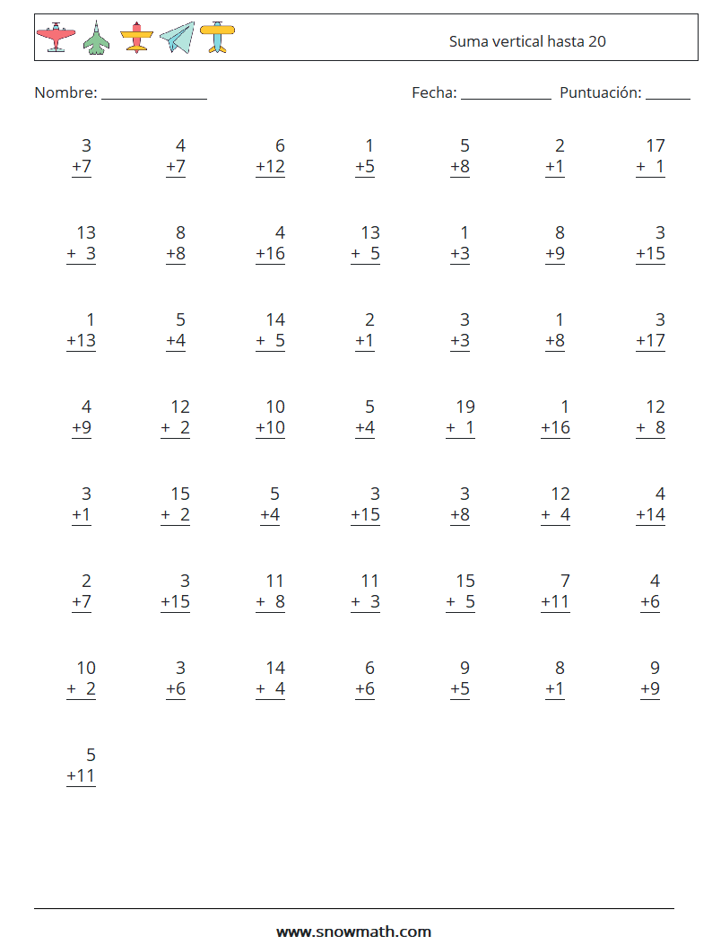 (50) Suma vertical hasta 20 Hojas de trabajo de matemáticas 11