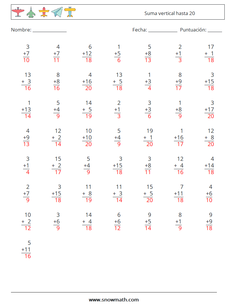 (50) Suma vertical hasta 20 Hojas de trabajo de matemáticas 11 Pregunta, respuesta