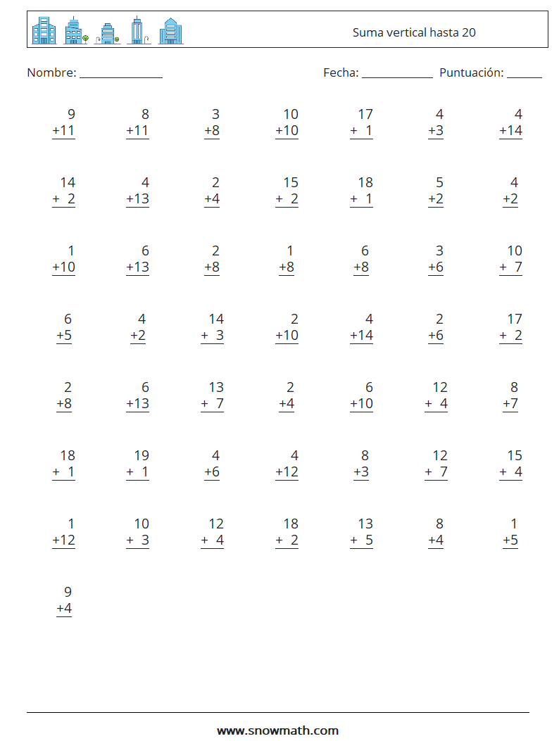 (50) Suma vertical hasta 20 Hojas de trabajo de matemáticas 12