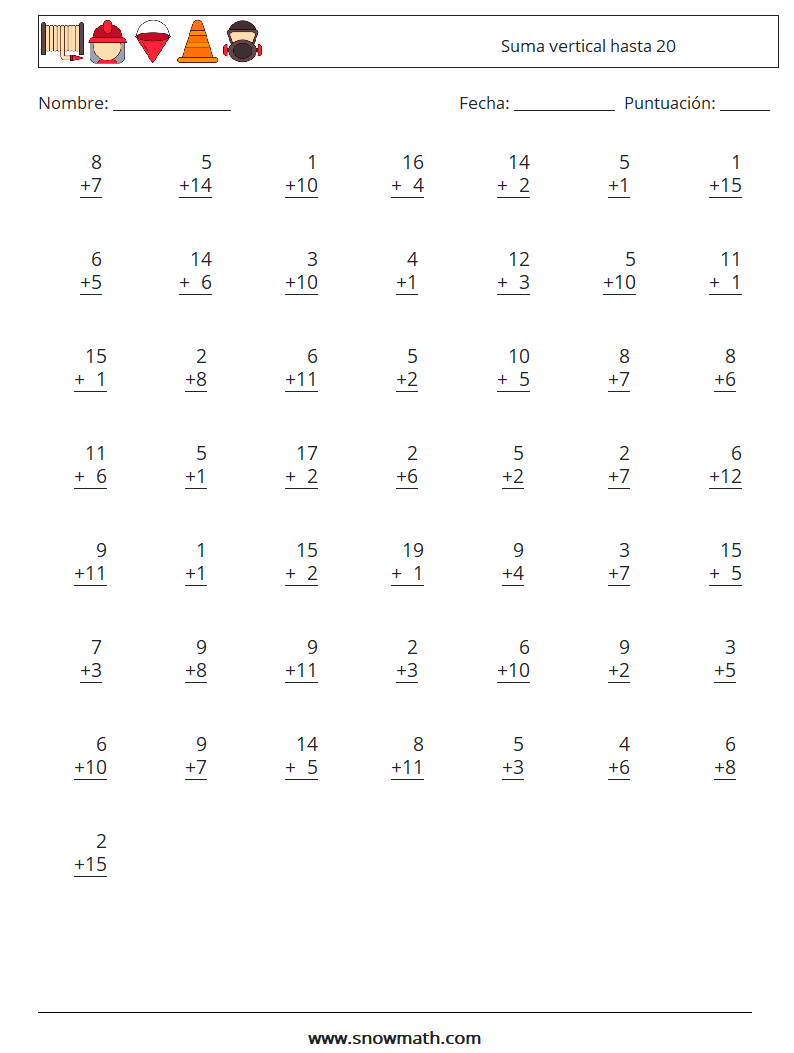 (50) Suma vertical hasta 20 Hojas de trabajo de matemáticas 13