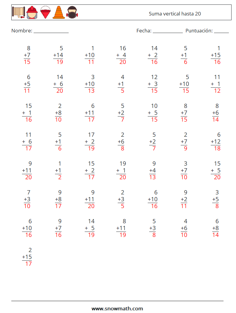 (50) Suma vertical hasta 20 Hojas de trabajo de matemáticas 13 Pregunta, respuesta