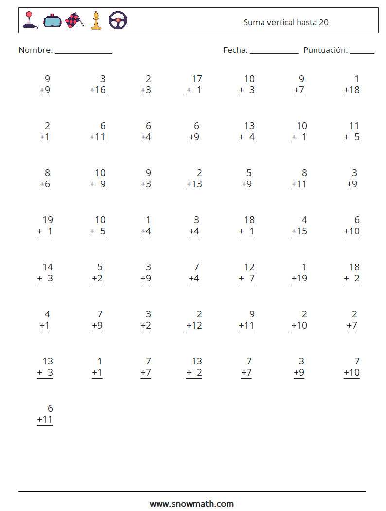 (50) Suma vertical hasta 20 Hojas de trabajo de matemáticas 14