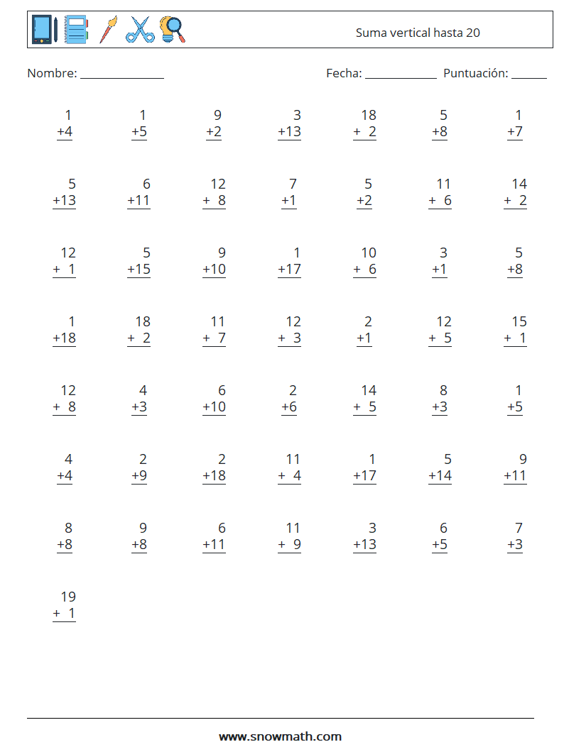 (50) Suma vertical hasta 20 Hojas de trabajo de matemáticas 15