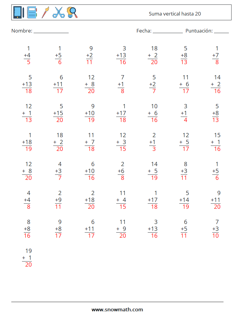 (50) Suma vertical hasta 20 Hojas de trabajo de matemáticas 15 Pregunta, respuesta