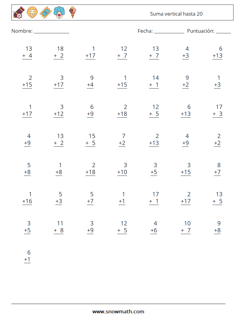 (50) Suma vertical hasta 20 Hojas de trabajo de matemáticas 16