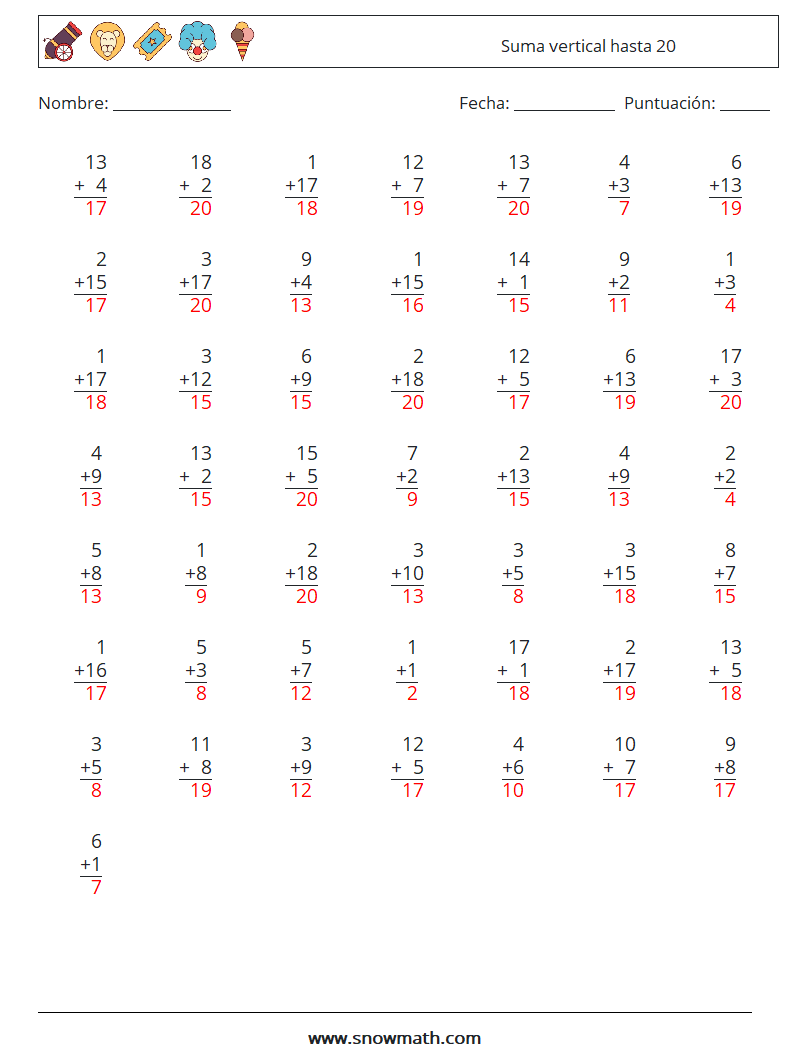 (50) Suma vertical hasta 20 Hojas de trabajo de matemáticas 16 Pregunta, respuesta
