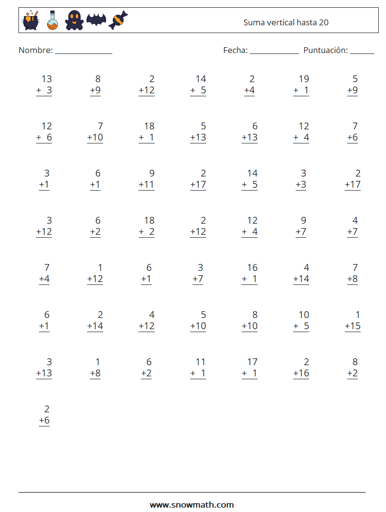 (50) Suma vertical hasta 20 Hojas de trabajo de matemáticas 17