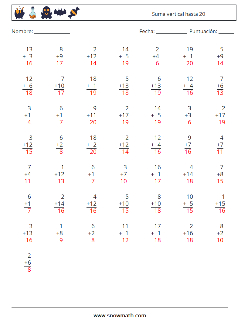 (50) Suma vertical hasta 20 Hojas de trabajo de matemáticas 17 Pregunta, respuesta