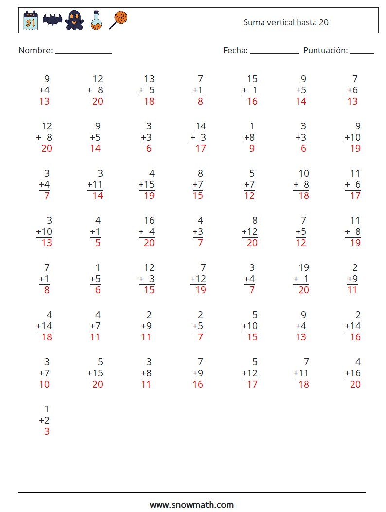 (50) Suma vertical hasta 20 Hojas de trabajo de matemáticas 18 Pregunta, respuesta