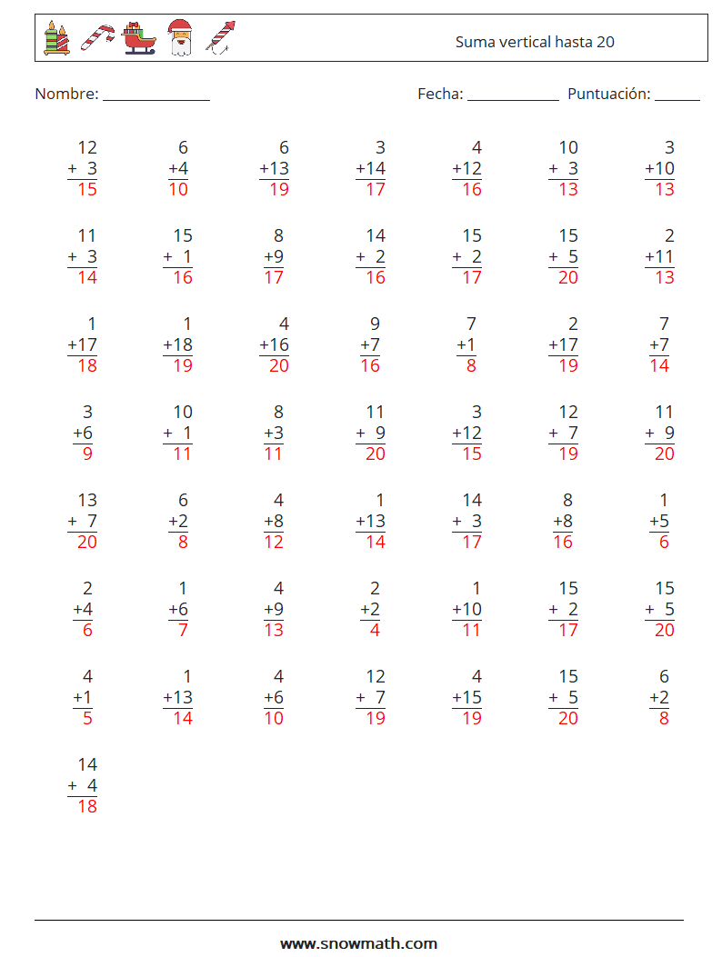 (50) Suma vertical hasta 20 Hojas de trabajo de matemáticas 1 Pregunta, respuesta