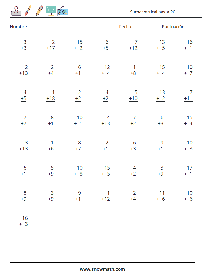 (50) Suma vertical hasta 20 Hojas de trabajo de matemáticas 4