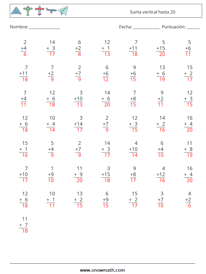 (50) Suma vertical hasta 20 Hojas de trabajo de matemáticas 5 Pregunta, respuesta