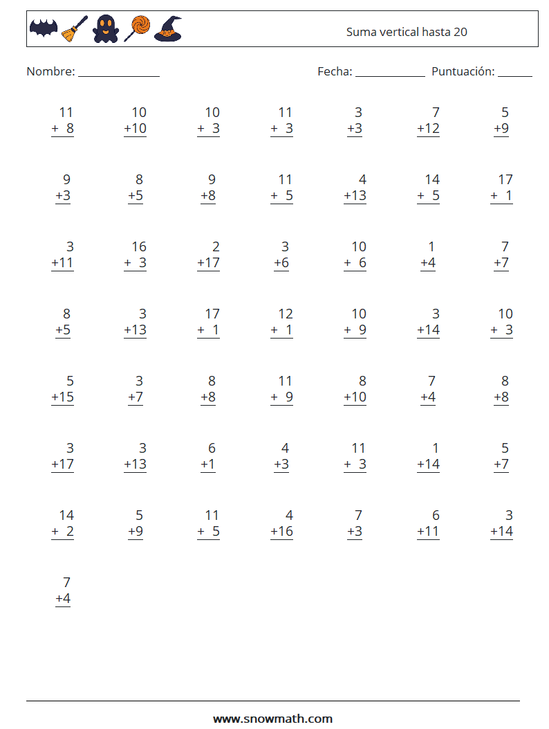 (50) Suma vertical hasta 20 Hojas de trabajo de matemáticas 6