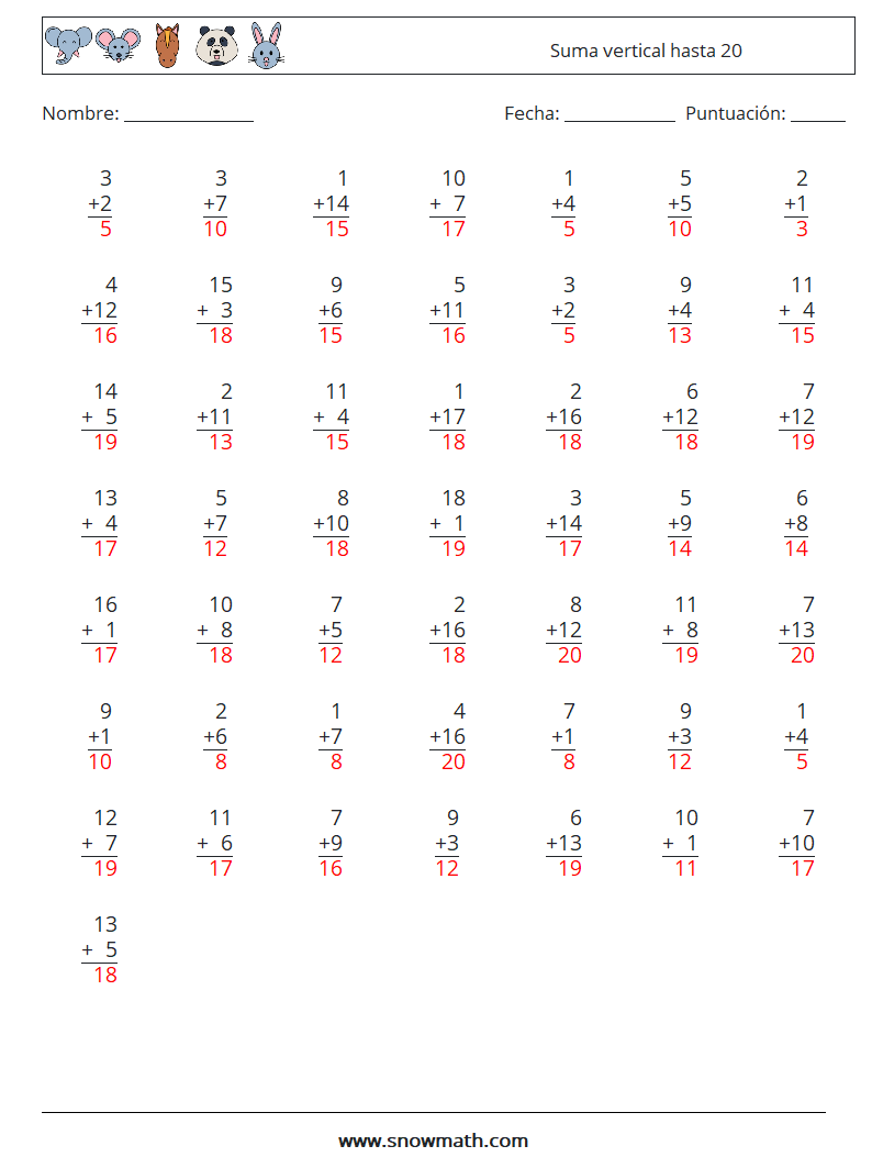 (50) Suma vertical hasta 20 Hojas de trabajo de matemáticas 7 Pregunta, respuesta